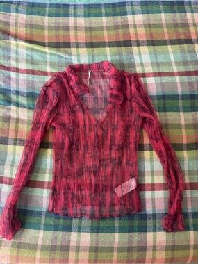 Free People Sheer Ribbed Red Long-Sleeve V-Neck Top